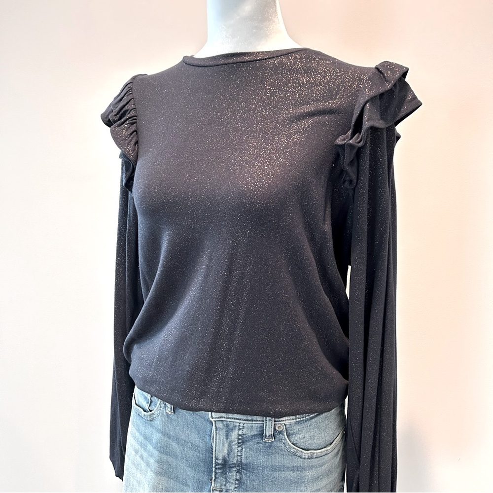 Express Navy Blue Gold Glitter Ruffle Top